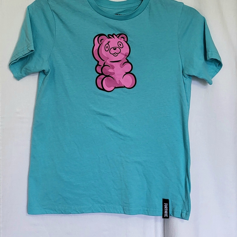 Fortnite Boys Casual Turquoise Short Sleeve Pink Bear School T-shirt Large 10-12